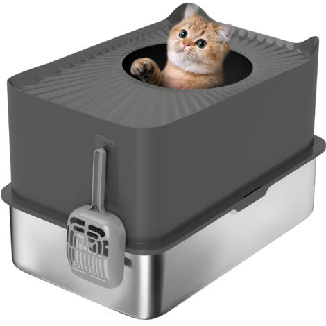 Stainless Steel Cat Litter Tray, Extra Large Enclosed Litter Box with Scoop, Top Entrance, Non-slip Pads, Dark Grey