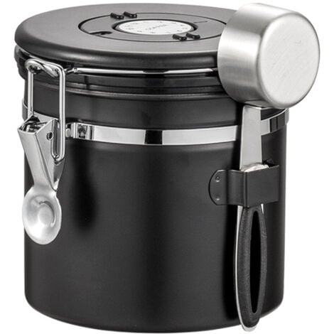 Stainless Steel Coffee Container - Airtight Coffee Canister for Coffee Bean Storage, 1200ml Capacity with Measuring Spoon and Date Wheel, Black