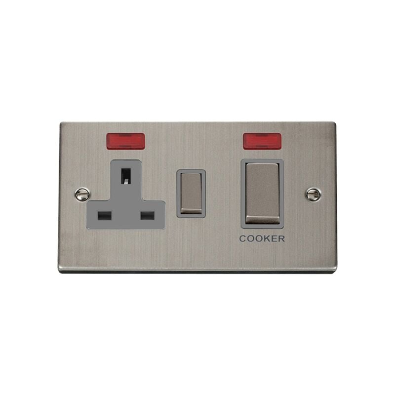 Se Home - Stainless Steel Cooker Control Ingot 45A With 13A Switched Plug Socket & 2 Neons - Grey Trim