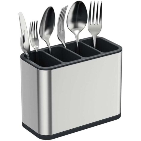 Stainless steel cutlery drainer, silver, kitchen table storage with 4 compartments and non-slip drip tray