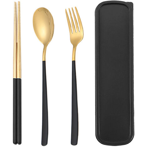 Stainless steel cutlery set with storage box, portable travel lunchware, reusable fork, spoon, and chopsticks set, suitable for office, school, travel, camping, picnics, and everyday adult use (black 
