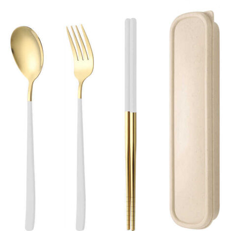 Stainless steel cutlery set with storage box, portable travel lunchware, reusable fork, spoon, and chopsticks set, suitable for office, school, travel, camping, picnics, and everyday adult use (white 