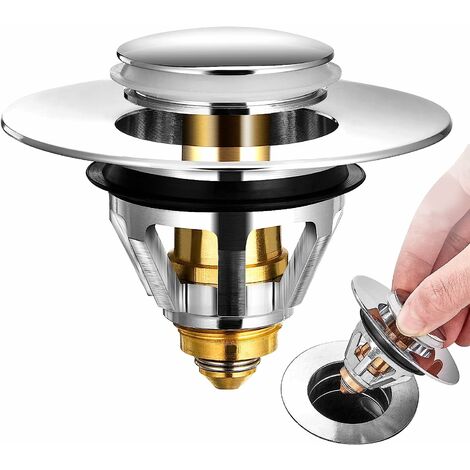 Stainless Steel Drain Plug Bullet Core Push No Spill Pop Up Sink Plug with Basket for Kitchen and Bathroom - ID 34mm - 38mm