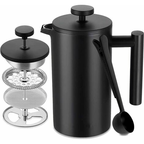 Stainless Steel French Press, 1 L Double Wall Insulated Coffee Press, Inner Wall with Cautèle, with 5 Coffee Filters and Measuring Spoon, 7-8 Cups, Matte Black, Coffee, Tea