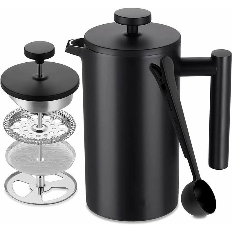 Stainless Steel French Press Coffee Maker, 1L Double-Walled Insulated Coffee Pot, Inner Wall with Safety Seal, Includes 5 Coffee Filters and