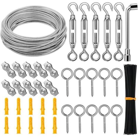Stainless Steel Hanging Cable Rope Kit, 30M/3mm Metal Cable, Garden Cable Kit, Picture Cable, Fence Kit, Heavy Duty Steel Cable, Wire Tensioner and Hook, Duplex Clips