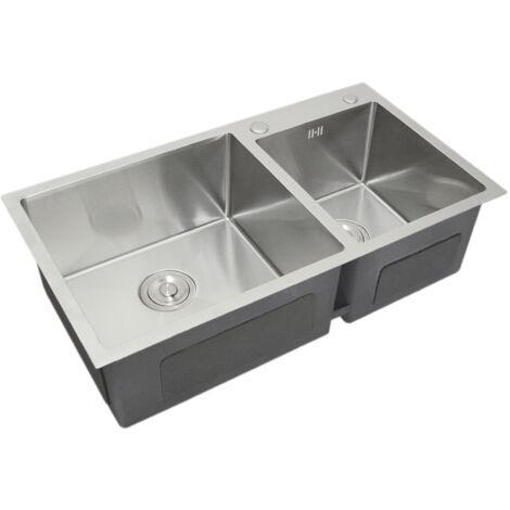 Stainless Steel Kitchen Sink Double Bowl Satin Finish Square Premium Handmade With Strainer Plug & Waste Pipe Set