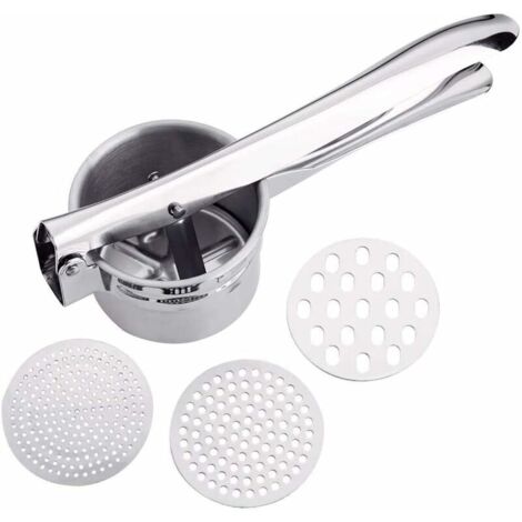 Stainless Steel Manual Potato Masher with 3 Interchangeable Discs for Fruits, Vegetables, Baby Food Easy to Clean