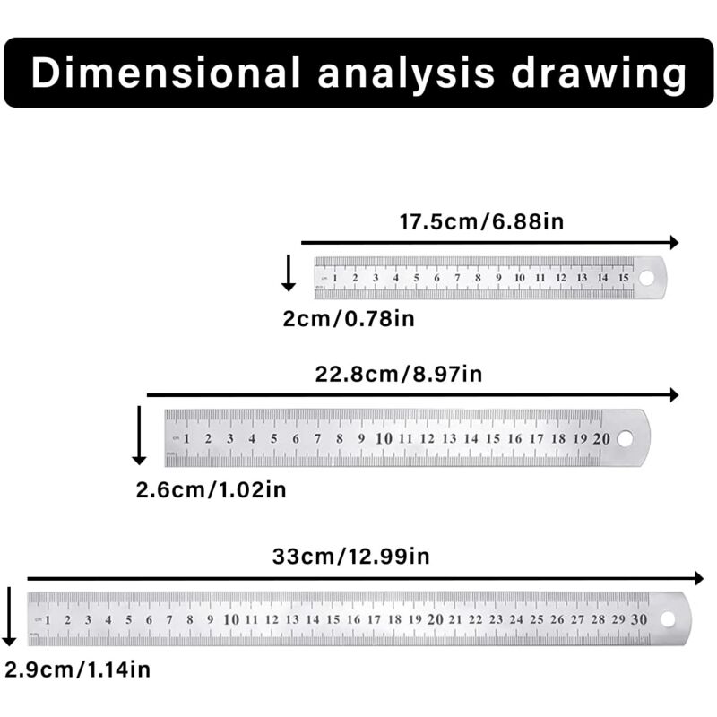 Linghhang - 3 Pcs Stainless Steel Ruler Precision Metal Straight Ruler Kit 15cm(6''), 20cm(8''),30cm(12'') Silver Stainless Steel Ruler