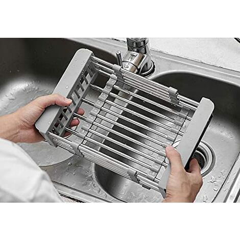 Stainless Steel Retractable Drain Basket for Sink, Dish Drainer Kitchen Shelf, Dish Dryer with Non-slip Plastic Rim