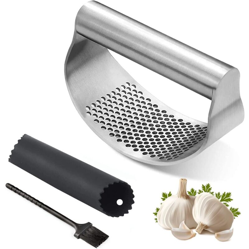 Tinor - Stainless Steel Rocking Garlic Press - Garlic Mincer Tool Portable Garlic Crusher Ginger Cutter Garlic Press Cutter - Silicone Garlic Peeler
