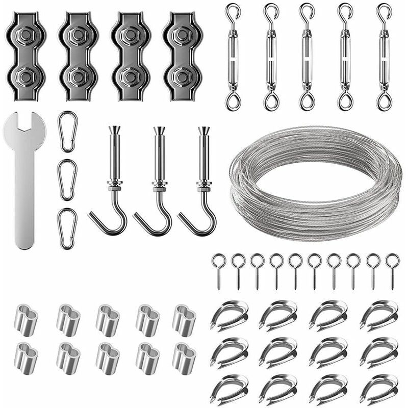 Heguyey - Stainless Steel Rope Hanging Kit, Outdoor Fairy Lights Hanging Kit, 30m Nylon Coated Stainless Steel Cable with Turnbuckle and Hooks