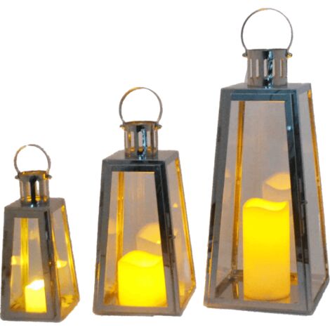 main image of "Stainless Steel Tiangular Lanterns With LED Candle - Medium"