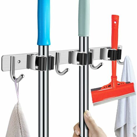 Stainless steel tool holder - broom holder for the wall, self-adhesive broom holder for garden tools (with screws and adhesive strips) - 3 brackets and 4 hooks, black