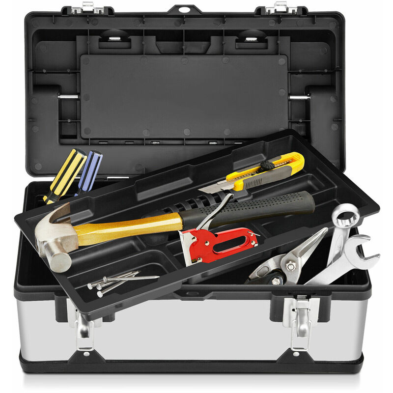 Stainless Steel Toolbox Removable Tray Tool Case w/Secure Lock &Organizer in Lid