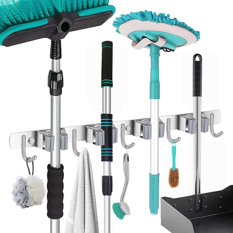 Stainless Steel Wall-Mounted Broom Holder, Storage Hanger Holder for Kitchen, Laundry, Garden Garage (4 Slots and 5 Hooks)