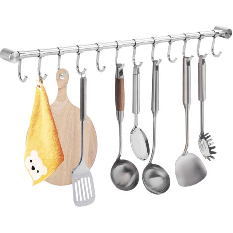Stainless Steel Wall Mounted Utensil Rack With 12 Removable Hooks - Kitchen Hanging Rail 52Cm (15.6")