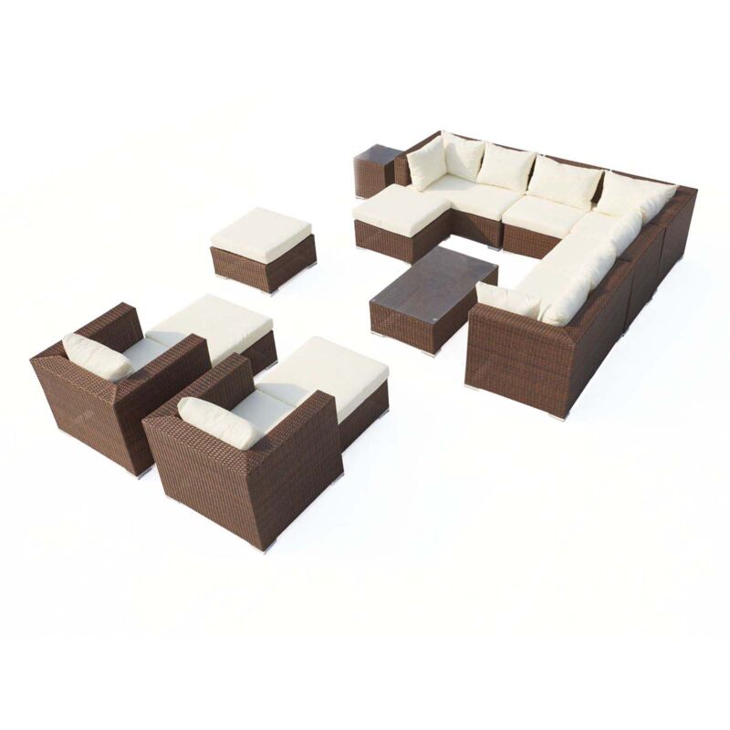 

Concept-usine - Stalla: Conjunto de jardín modular 13/14 personas de resina trenzada marrón con cojines blancos - Marrón/Blanco
