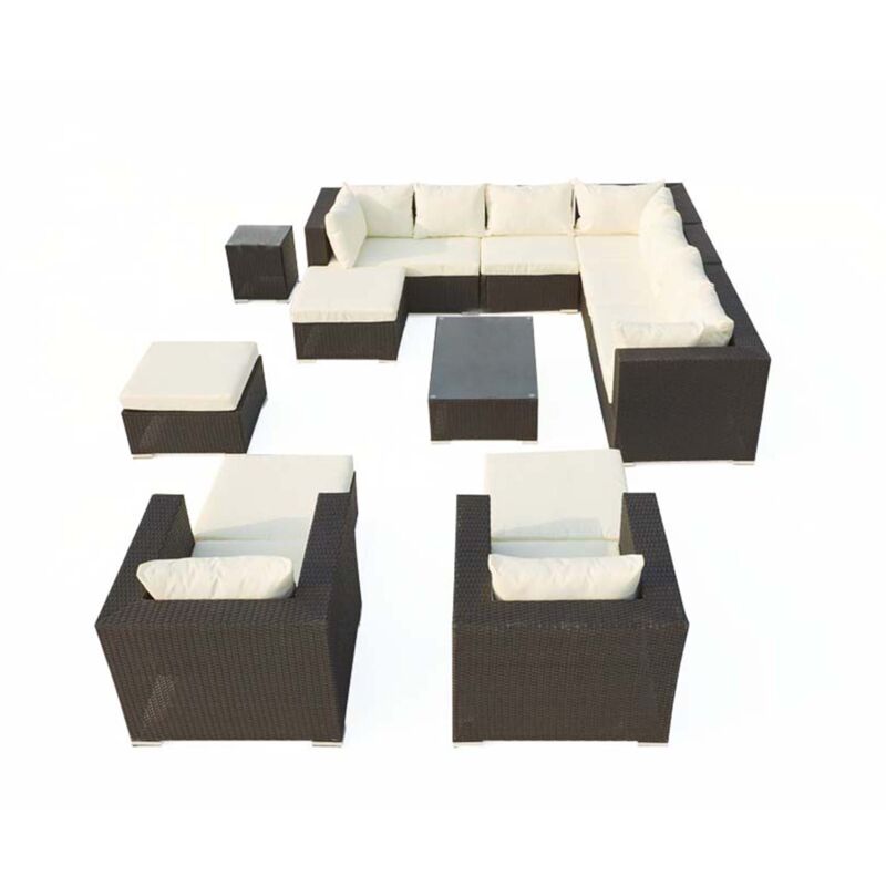 Concept-usine - Stalla: Salon de jardin 13/14 pers modulable en résine tressée noire coussins blancs