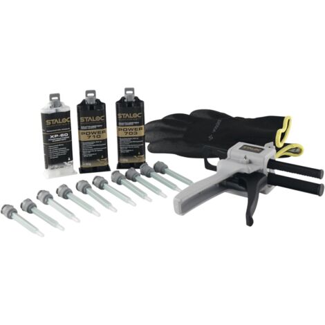 Staloc 2K Kleber Set - Kraftkleber und Konstruktionsklebstoff für Industrie, Bau und Handwerk, 5er Set 703/710/XP-60 + 2K Kleber Pistole + 10x Statikmischer