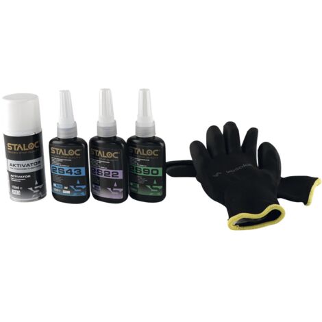 Staloc Schrauben Sicherung Set - 1x Schraubensicherung niedrigfest + 2x Schraubensicherung mittelfest + Aktivator bis M36, 4-teilig