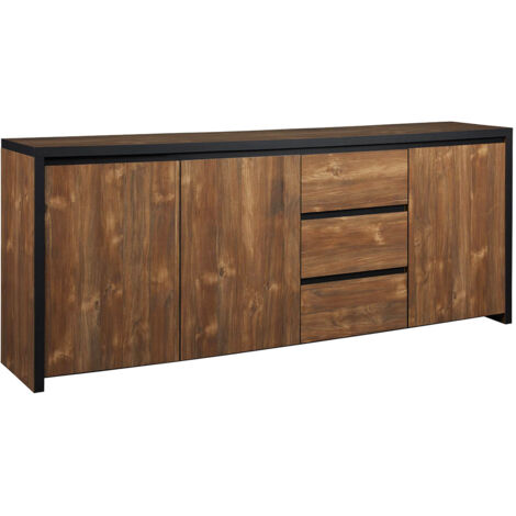 STALONE - Buffet 3 Portes 3 Tiroirs Effet Bois Manguier Foncé et Noir