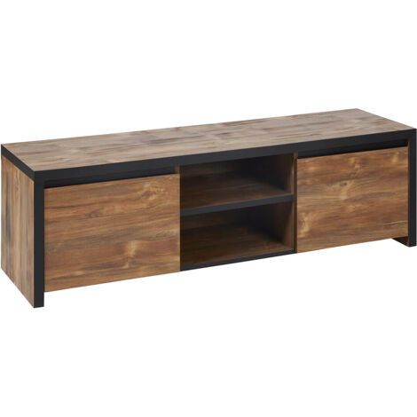 STALONE - Meuble TV 2 Portes 2 Niches Effet Bois Manguier Foncé et Noir