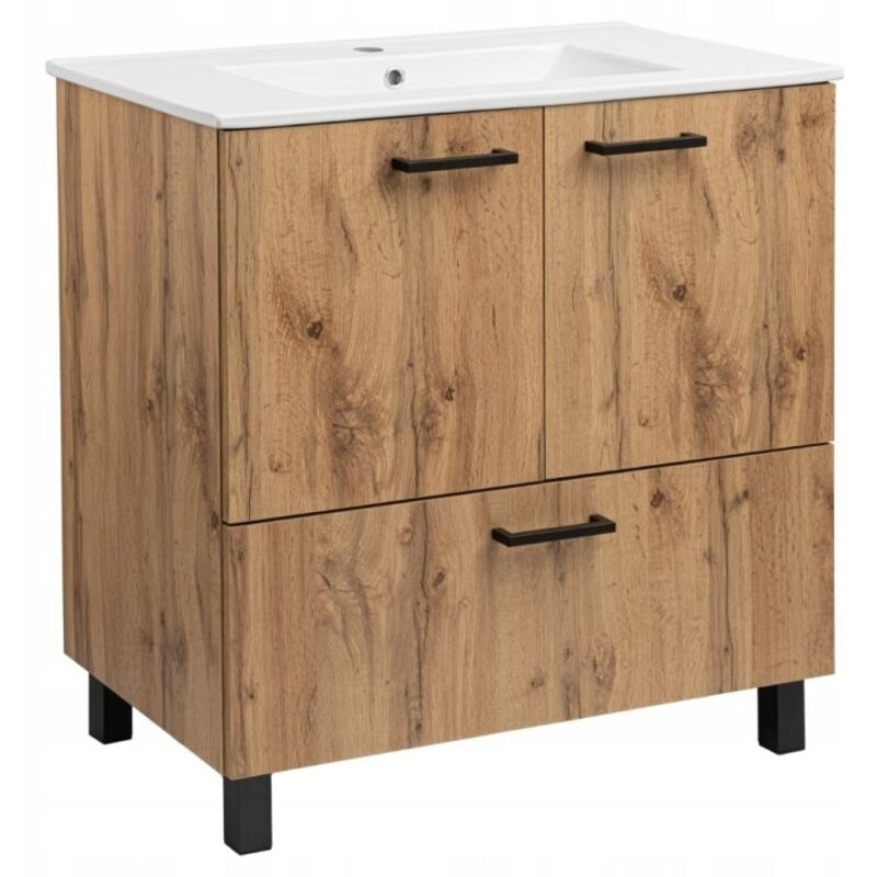 Stamar Badezimmerschrank Mit Waschbecken - 80 X 47 Cm - Eiche Wotan - Modernes Design - 2 Türen Und Schublade