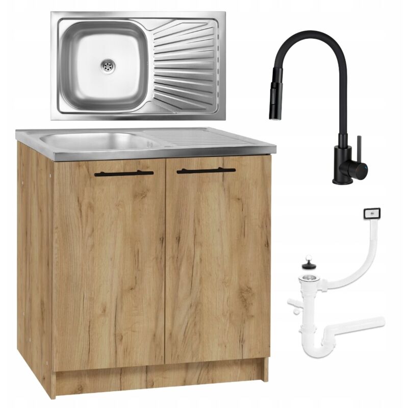 Meuble sous évier 80x50 cm – Chêne doré – Évier inox 80x50 cm avec cuve 41x39 cm – Robinet flexible 2 en 1 économe en eau