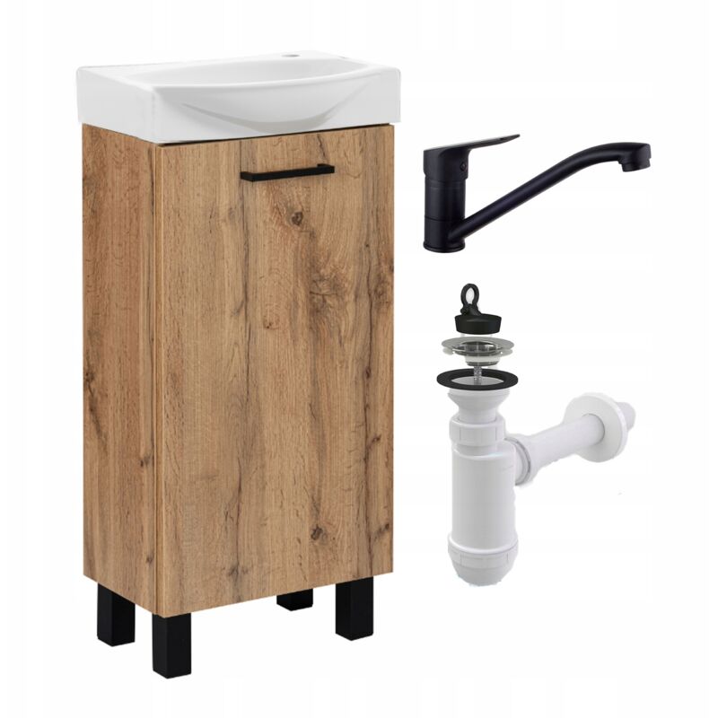 Stamar - Meuble sous lavabo 40 cm - Chêne Craft - Robuste et Élégant - Avec robinet noir rotatif