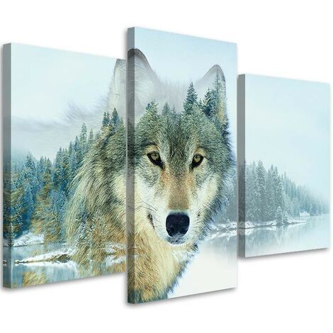 Stampa su tela 3 parti, Lupo bianco su uno sfondo di montagne - 60x40