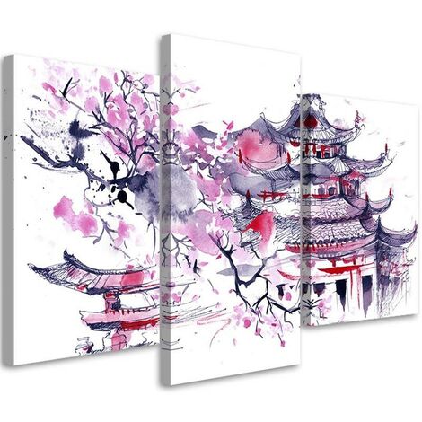 Stampa su tela 3 parti, Pagoda giapponese dipinta e fiori di ciliegio - 90x60
