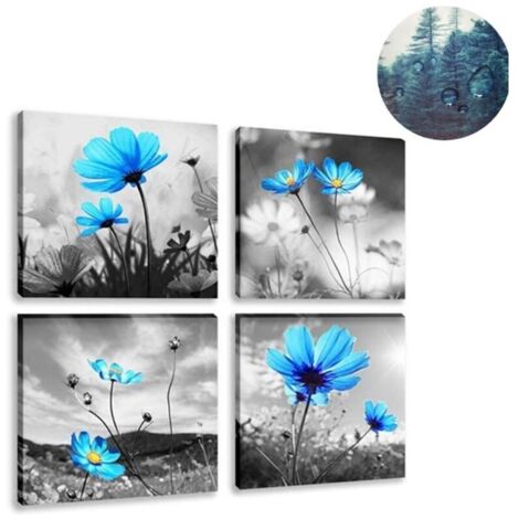 Stampa su tela 30x30 cm, 4 pannelli - Quadro su tela con fiori blu per camera da letto, dipinto ad olio per casa, bagno, soggiorno