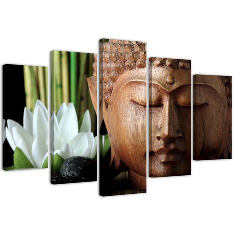 Stampa su tela 5 parti, Buddha e fiore bianco - 200x100