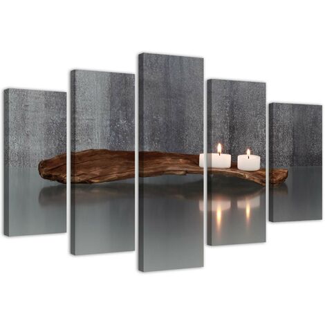 Stampa su tela 5 parti, Composizione zen con candele e legno - 150x100