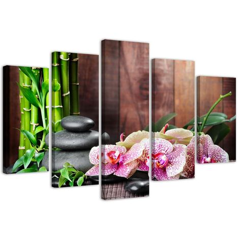 Stampa su tela 5 parti, Composizione zen con orchidea e bambà¹ - 100x70