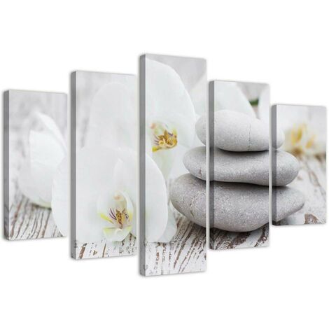 Stampa su tela 5 parti, Orchidea zen bianca e pietre - 150x100