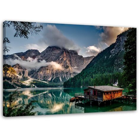 Stampa su tela Capanna al lago di montagna Dolomiti - 90x60