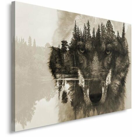 Stampa su tela, Lupo su uno sfondo di foresta - marrone - 90x60