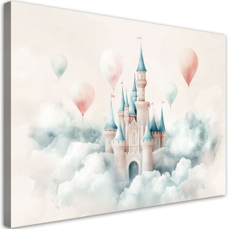Stampa su tela per bambini, Castello con palloncini tra le nuvole - 60x40