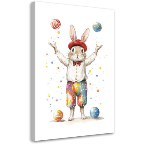 Stampa su tela per bambini, Coniglio Giocoliere Circo Colorato - 80x120
