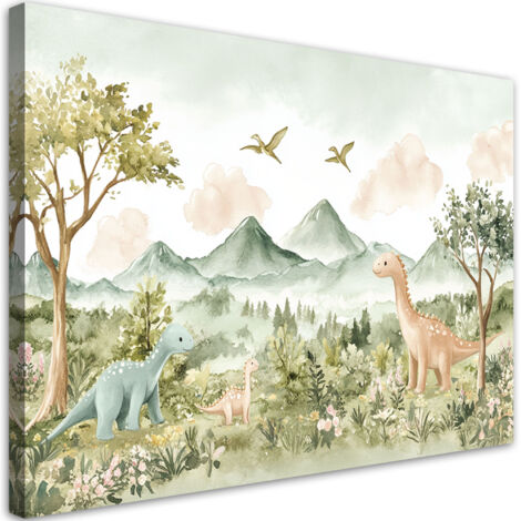 Stampa su tela per cameretta, Dinosauri felici Paesaggio montano - 60x40
