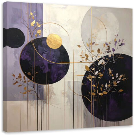 Stampe su Tela, Astrazione cerchi foglie beige viola, 30x30