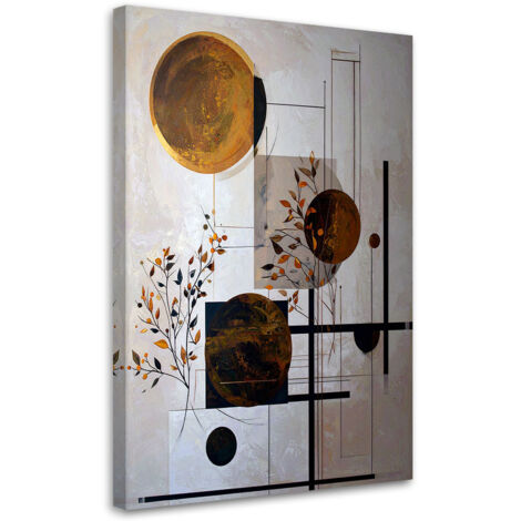 Stampe su Tela, Astrazione geometrica cerchi e foglie in marrone, 20x30