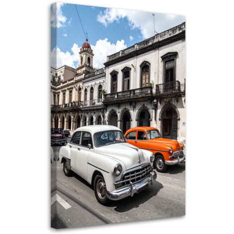 Stampe su Tela, Auto retrò parcheggiate su una strada dell'Avana Cuba, 60x90