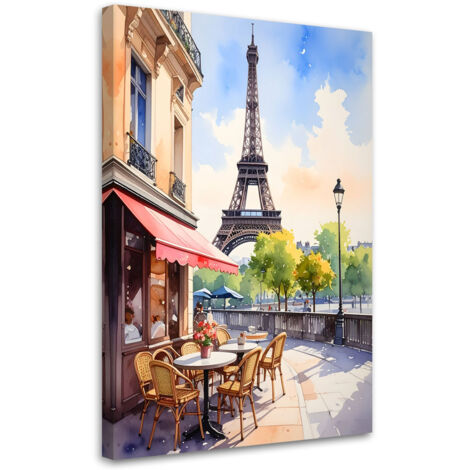 Stampe su Tela, Caffè parigino con vista sulla Torre Eiffel, 20x30