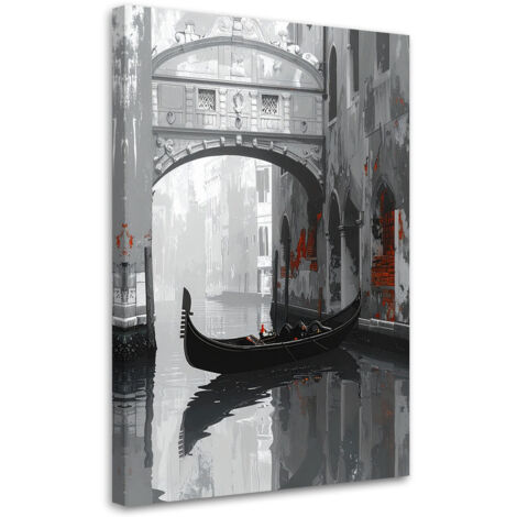 Stampe su Tela, Canale veneziano e gondola sullo sfondo della città in tonalità di grigio, 40x60