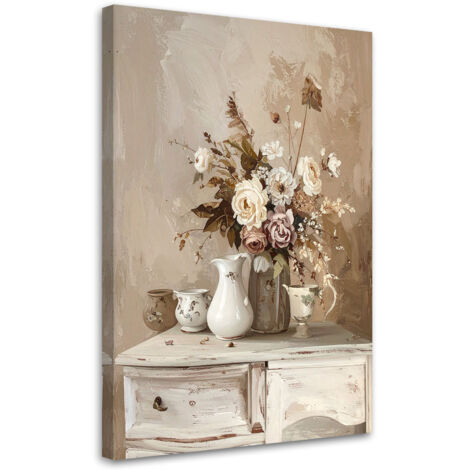 Stampe su Tela, Delicato bouquet di fiori rustico su un mobile, 30x45
