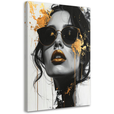 Stampe su Tela, Donna Glamour Oro Ritratto moderno Nero Bianco, 60x90