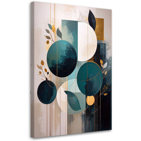Stampe su Tela, Forme astratte di cerchi e foglie blu e beige, 40x60
